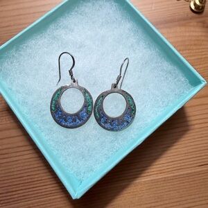 Blue and Green Enamel Circle Drop Earrings - Women Jewelry